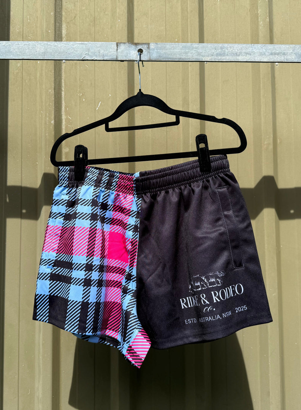 Footy Shorts/Zip Pockets - Plaid Pink & Blue