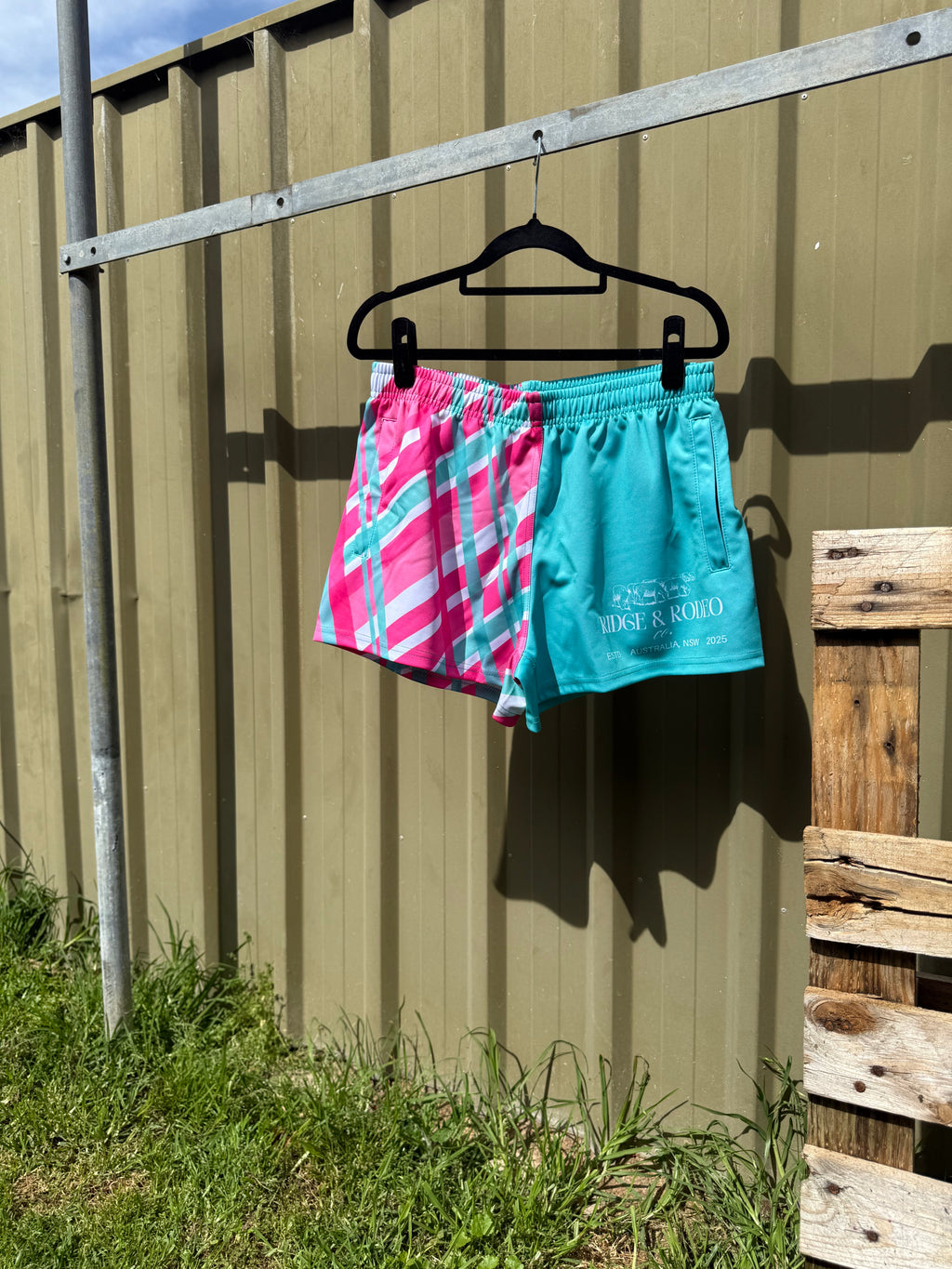 Footy Shorts/Zip Pockets - Plaid Aqua & Pink