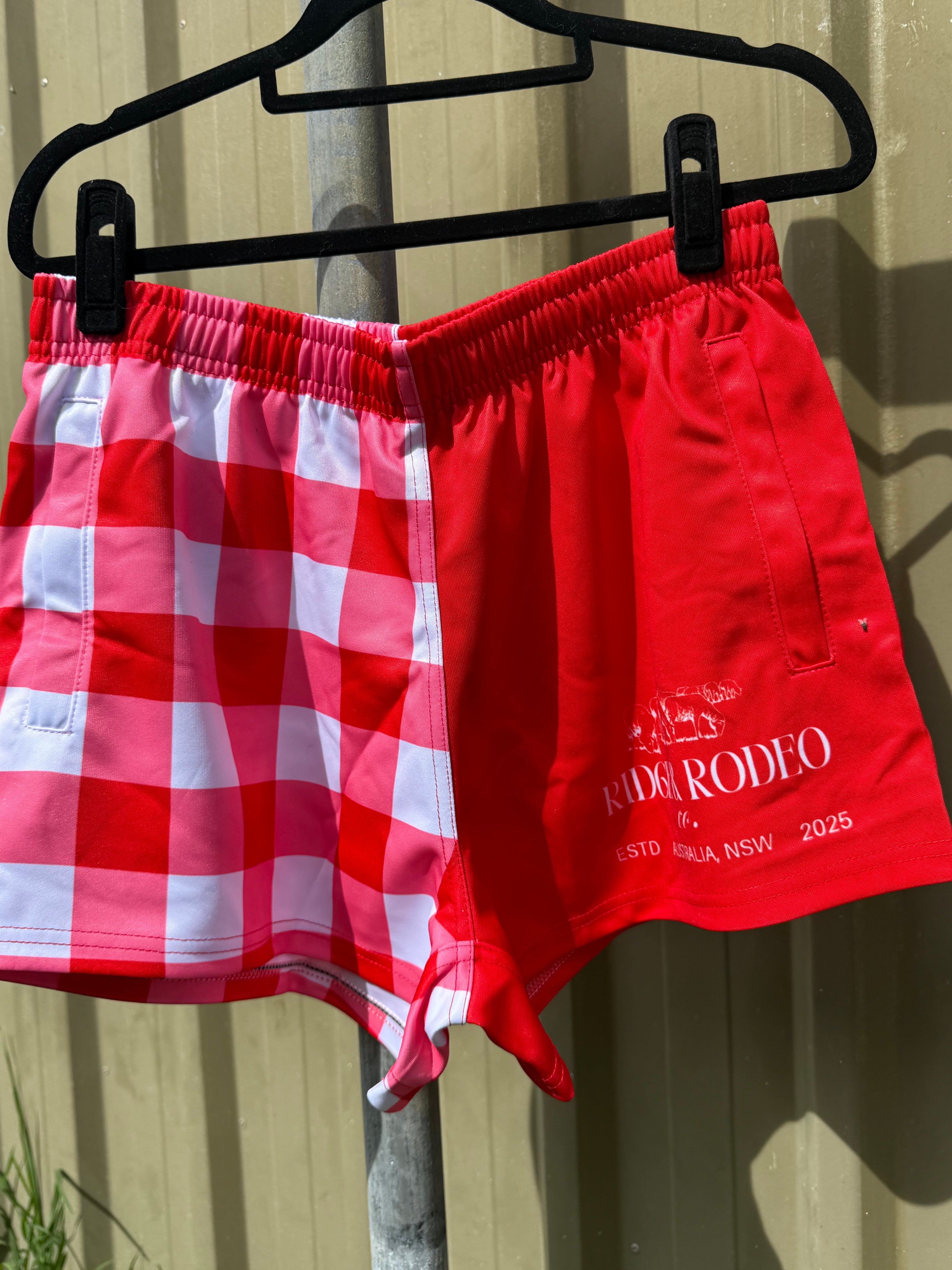 Footy Shorts/Zip Pockets - Red Gingham