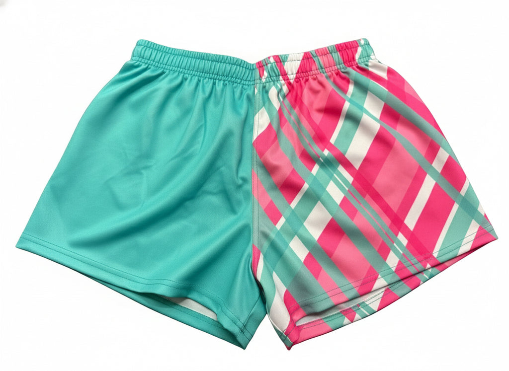 Footy Shorts/Zip Pockets - Plaid Aqua & Pink