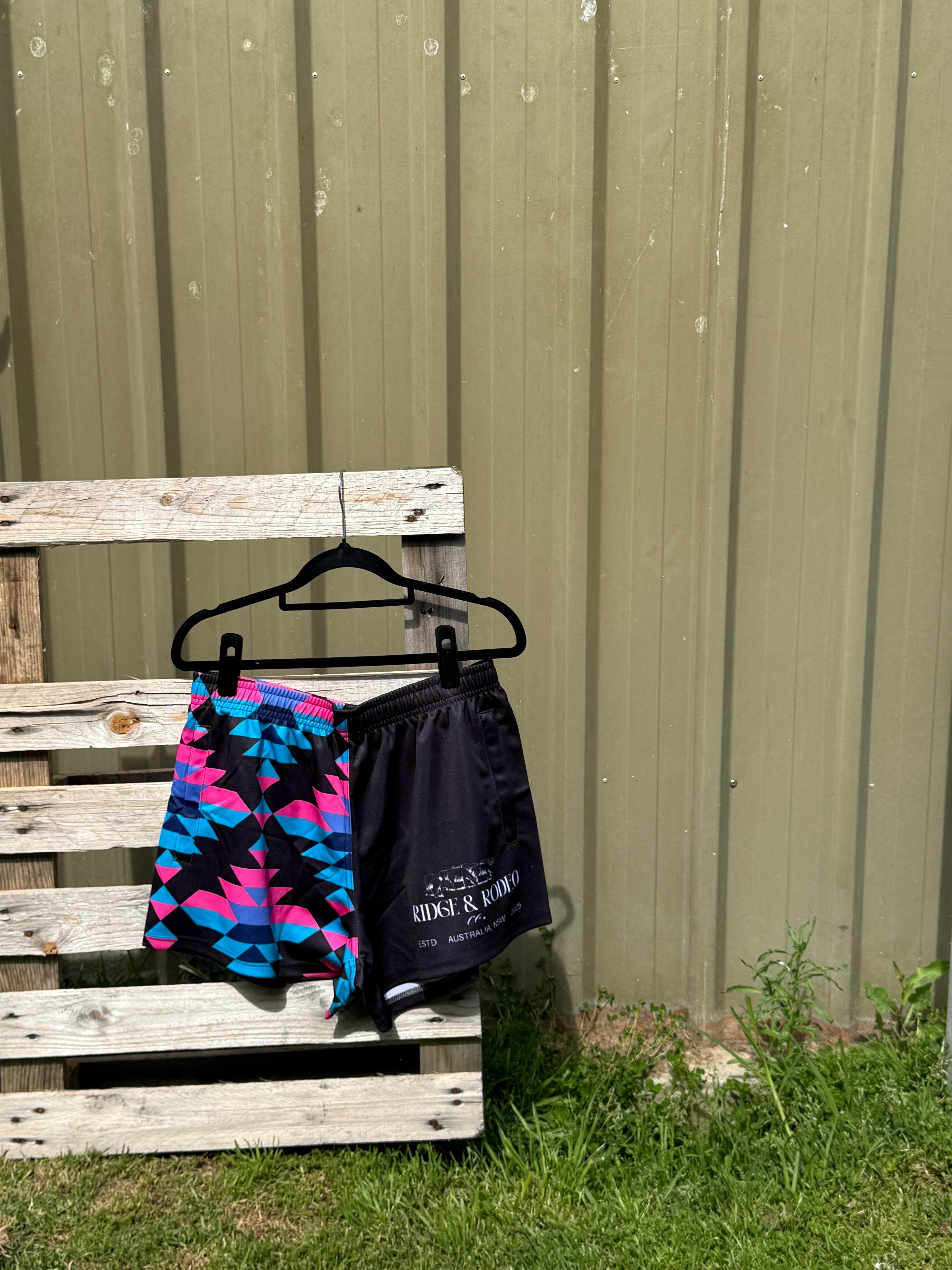 Footy Shorts/Zip Pockets - Aztec Pink & Blue