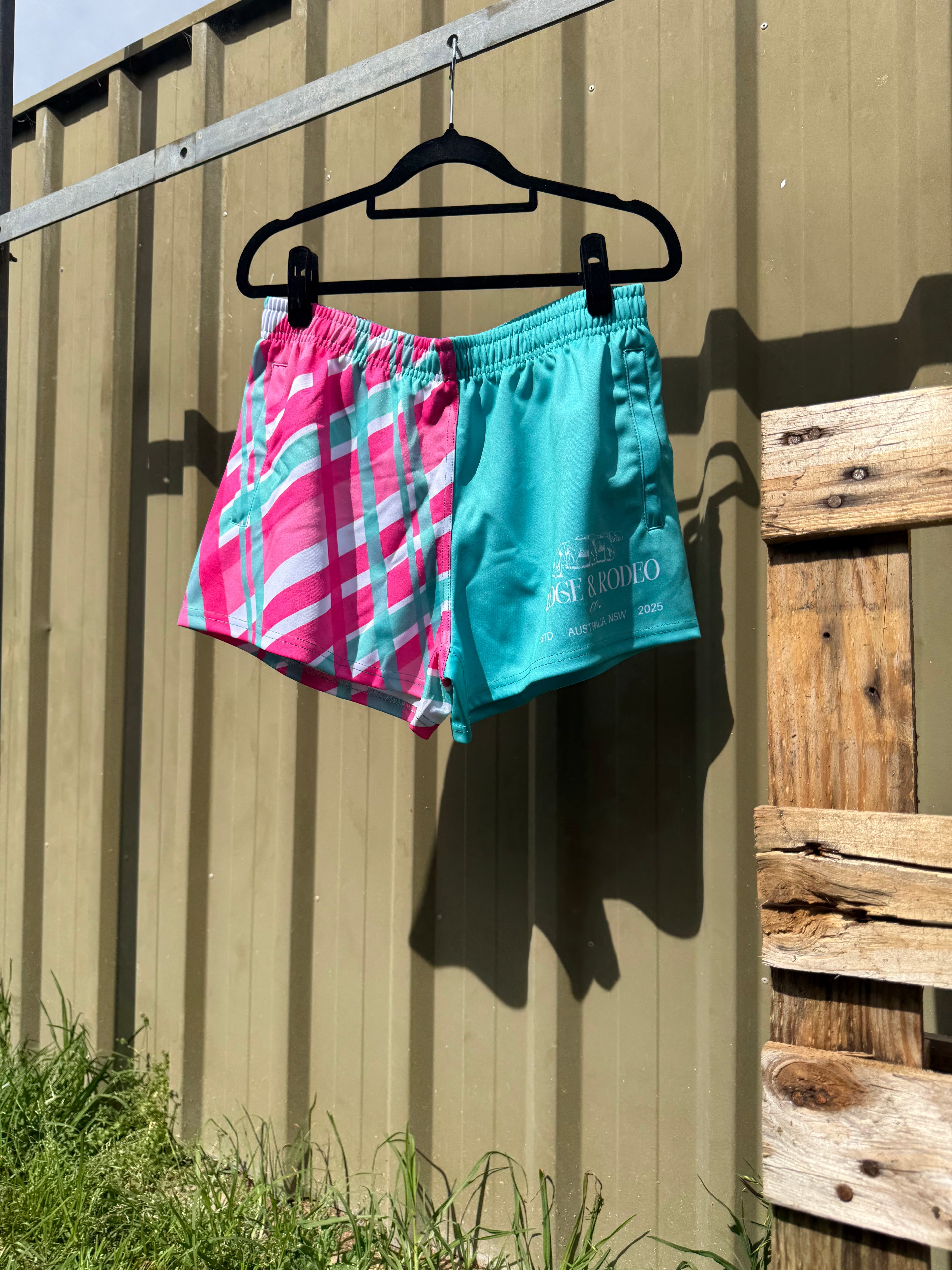 Footy Shorts/Zip Pockets - Plaid Aqua & Pink