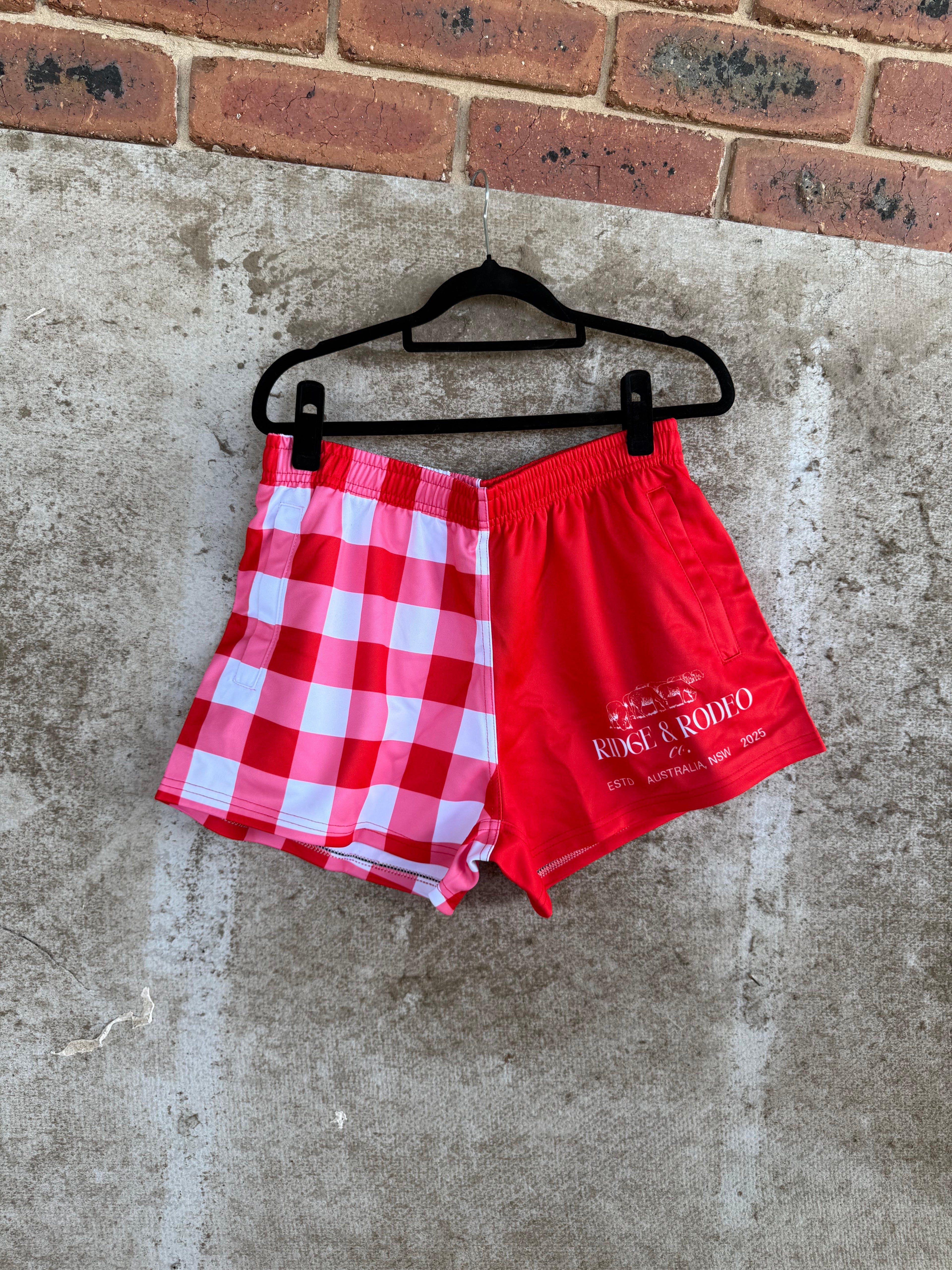 Footy Shorts/Zip Pockets - Red Gingham