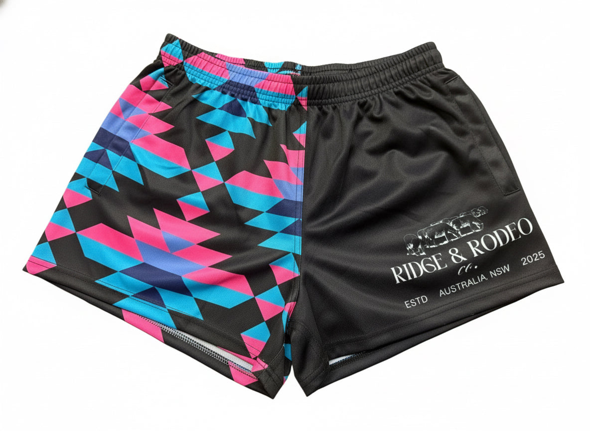 Footy Shorts/Zip Pockets - Aztec Pink & Blue