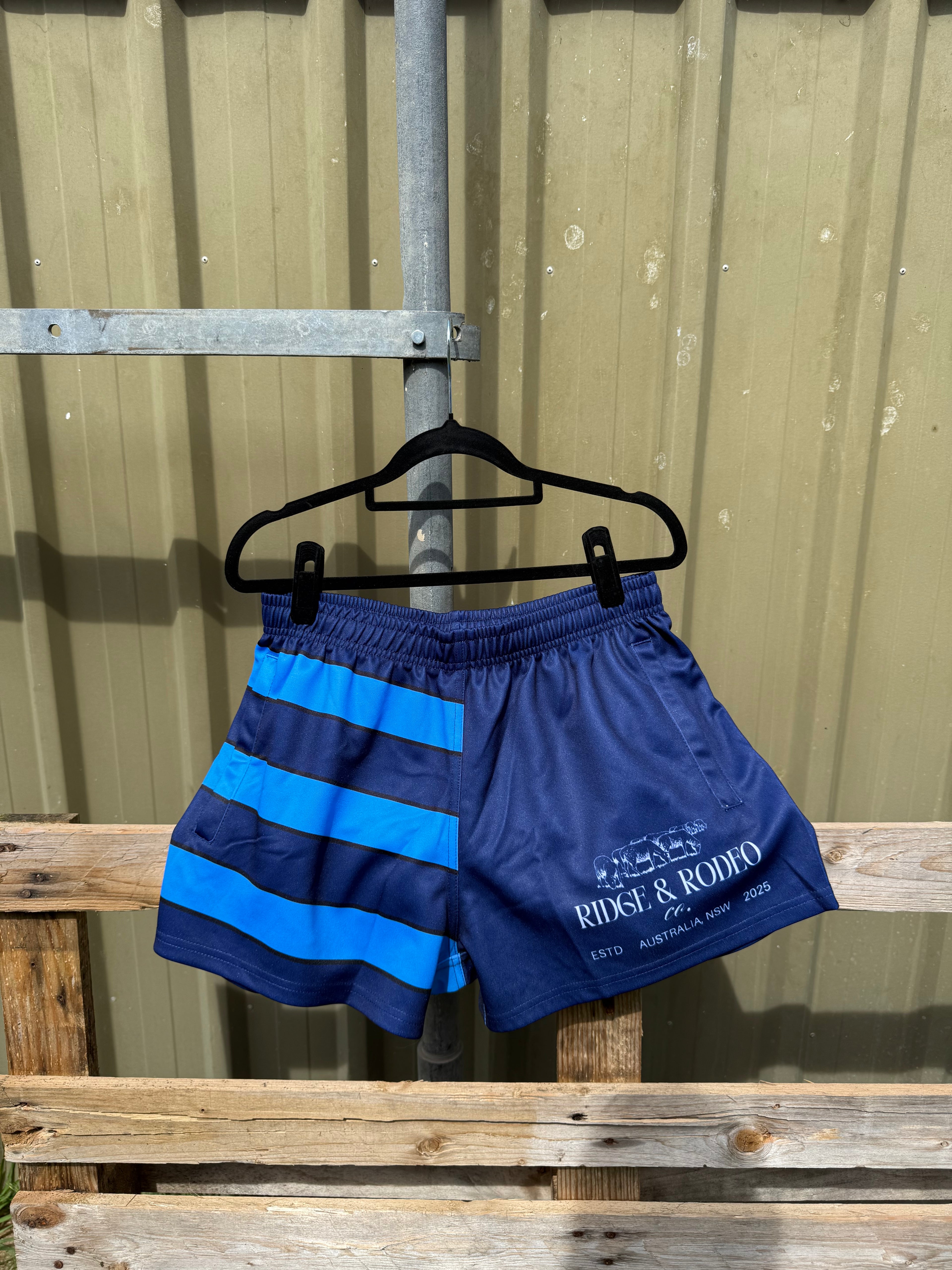 Footy Shorts/Zip Pockets - Blue Stripes