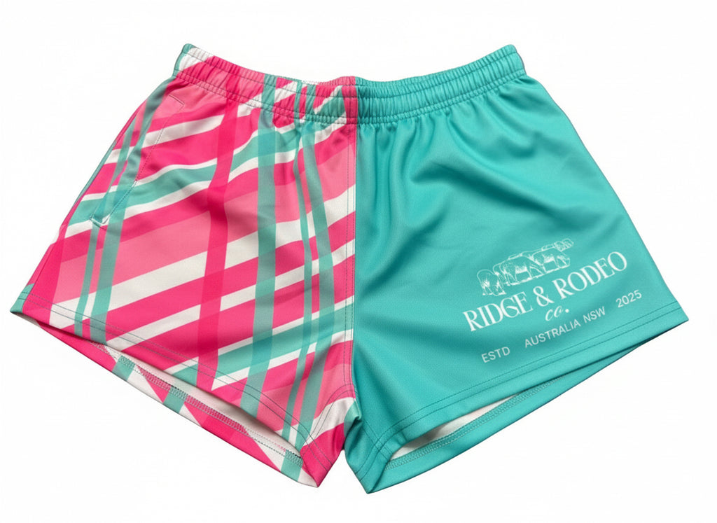 Footy Shorts/Zip Pockets - Plaid Aqua & Pink