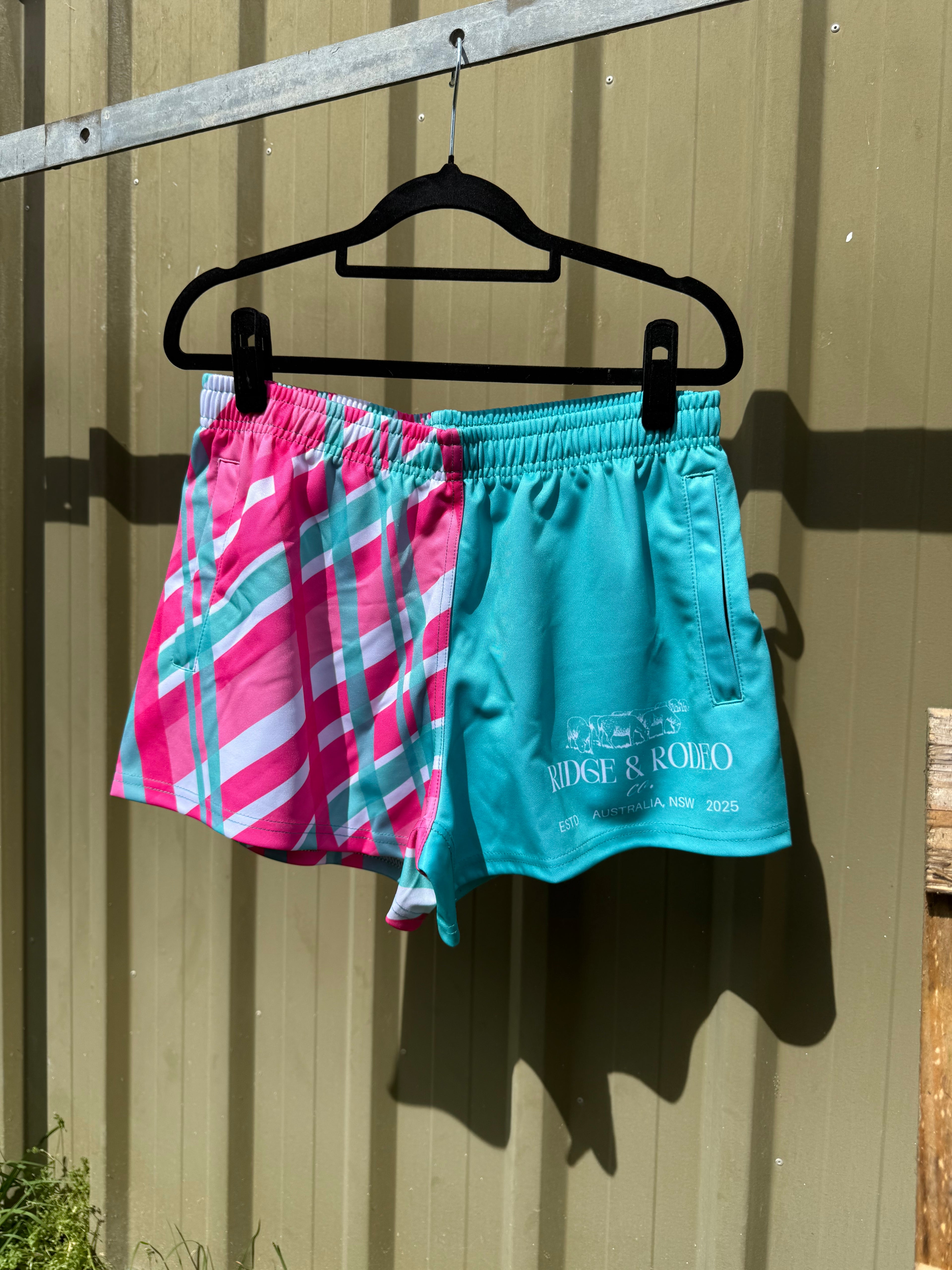 Footy Shorts/Zip Pockets - Plaid Aqua & Pink