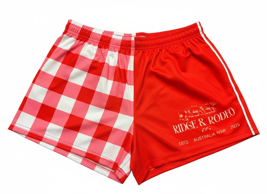 Footy Shorts/Zip Pockets - Red Gingham