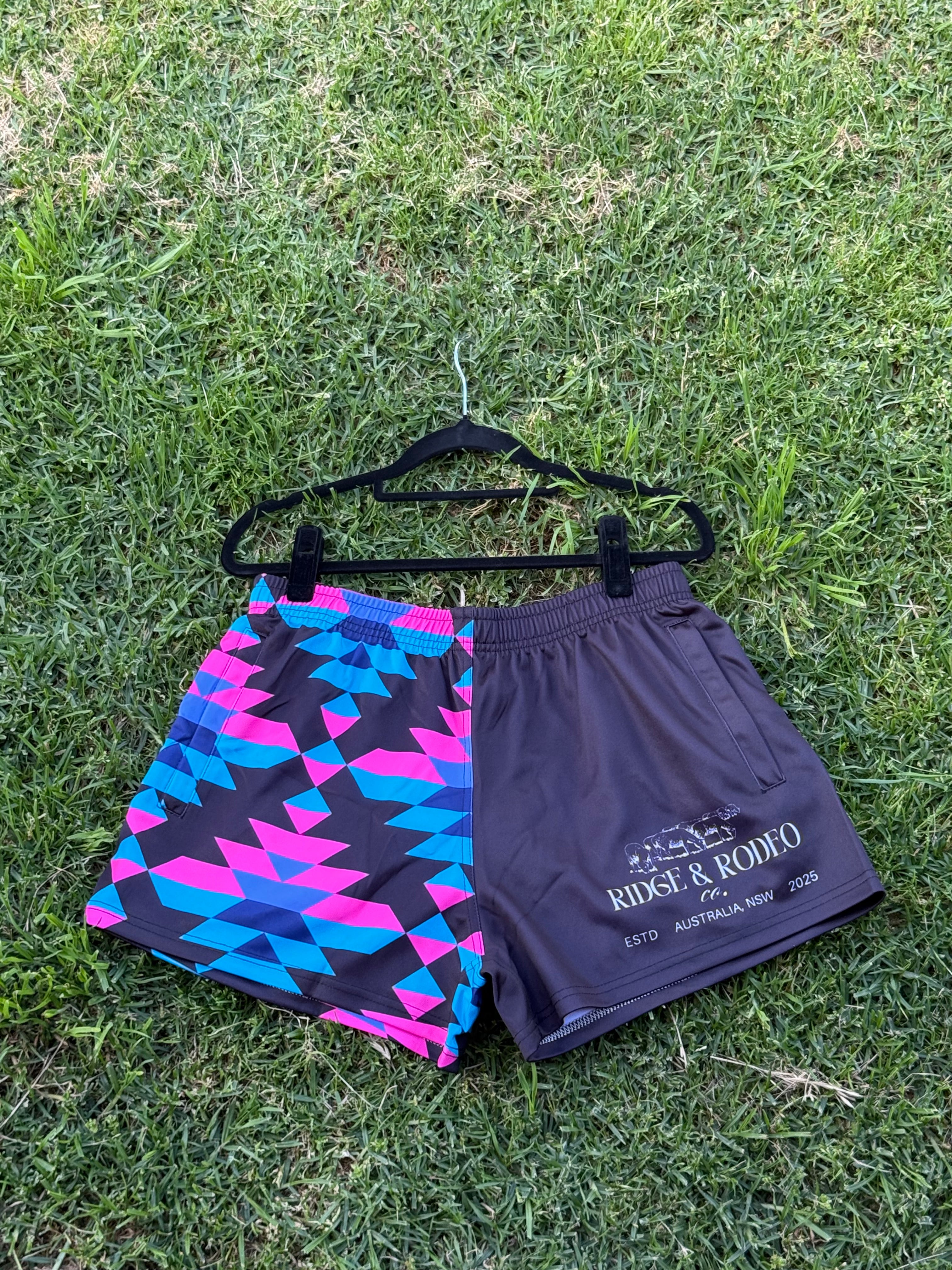 Footy Shorts/Zip Pockets - Aztec Pink & Blue