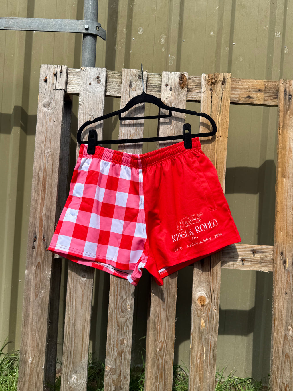 Footy Shorts/Zip Pockets - Red Gingham