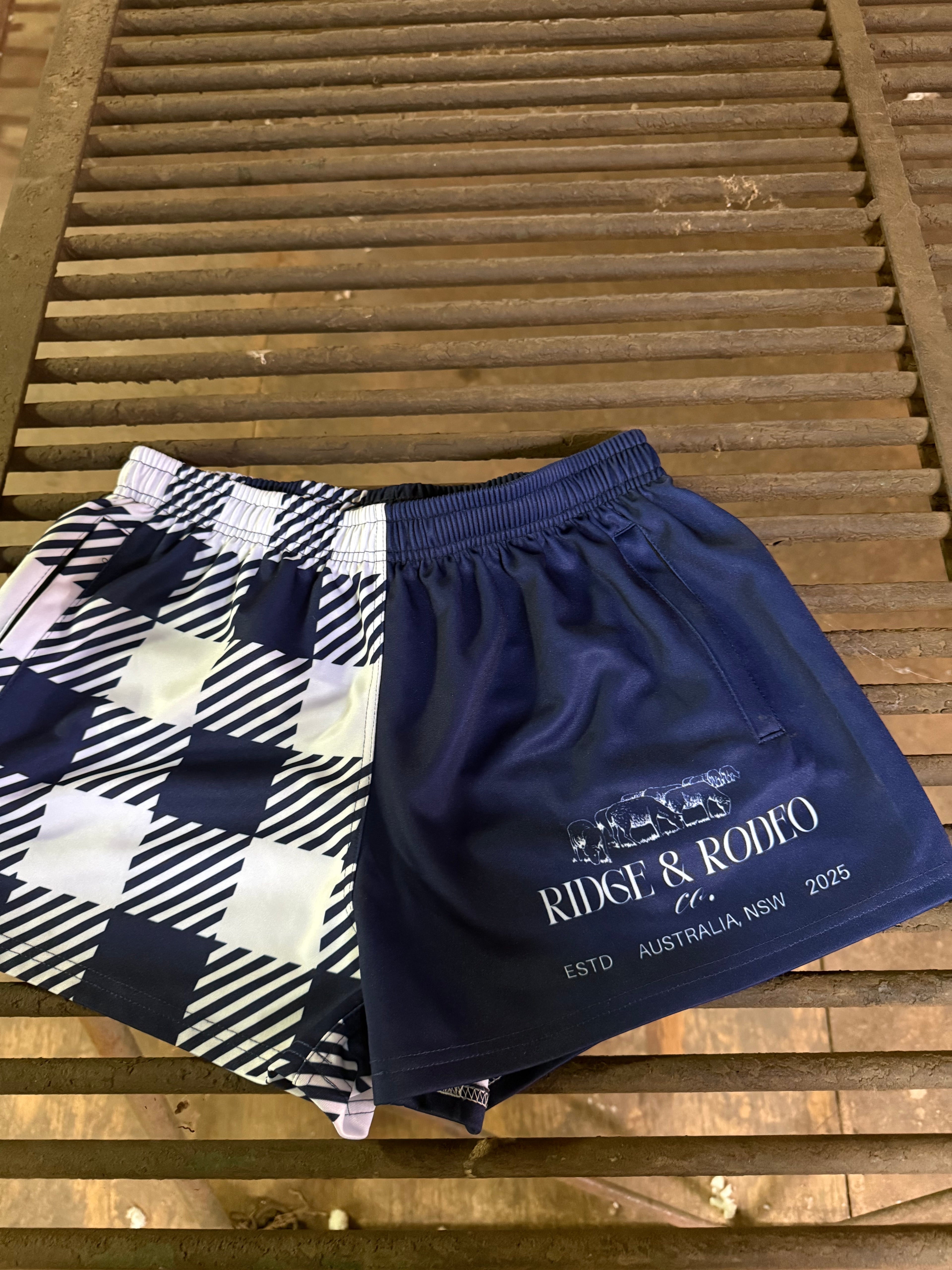 Footy Shorts/Zip Pockets - Gingham Blue
