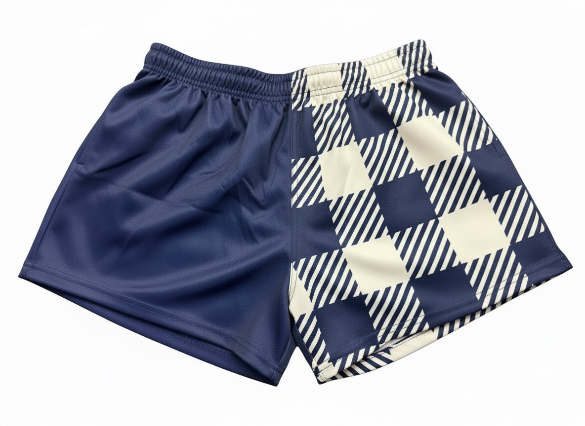 Footy Shorts/Zip Pockets - Gingham Blue