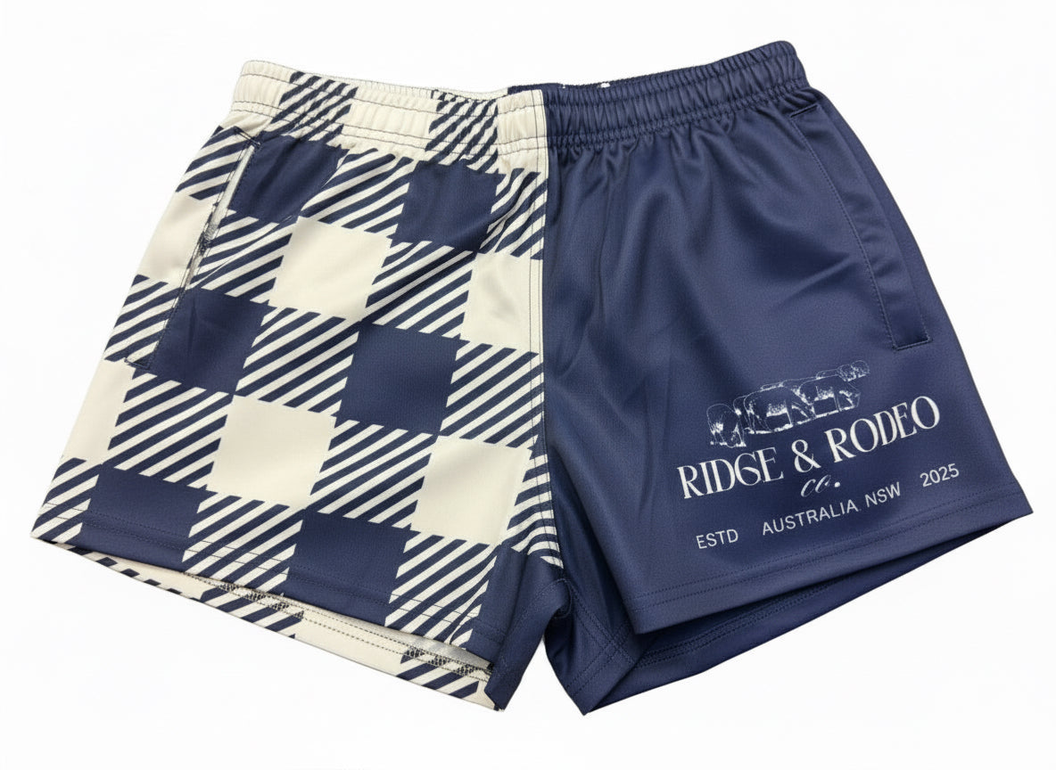 Footy Shorts/Zip Pockets - Gingham Blue
