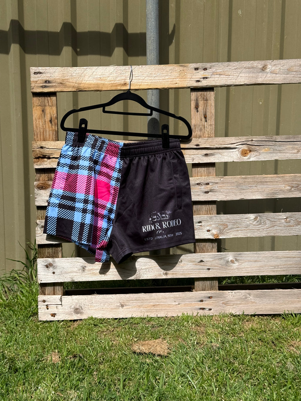 Footy Shorts/Zip Pockets - Plaid Pink & Blue