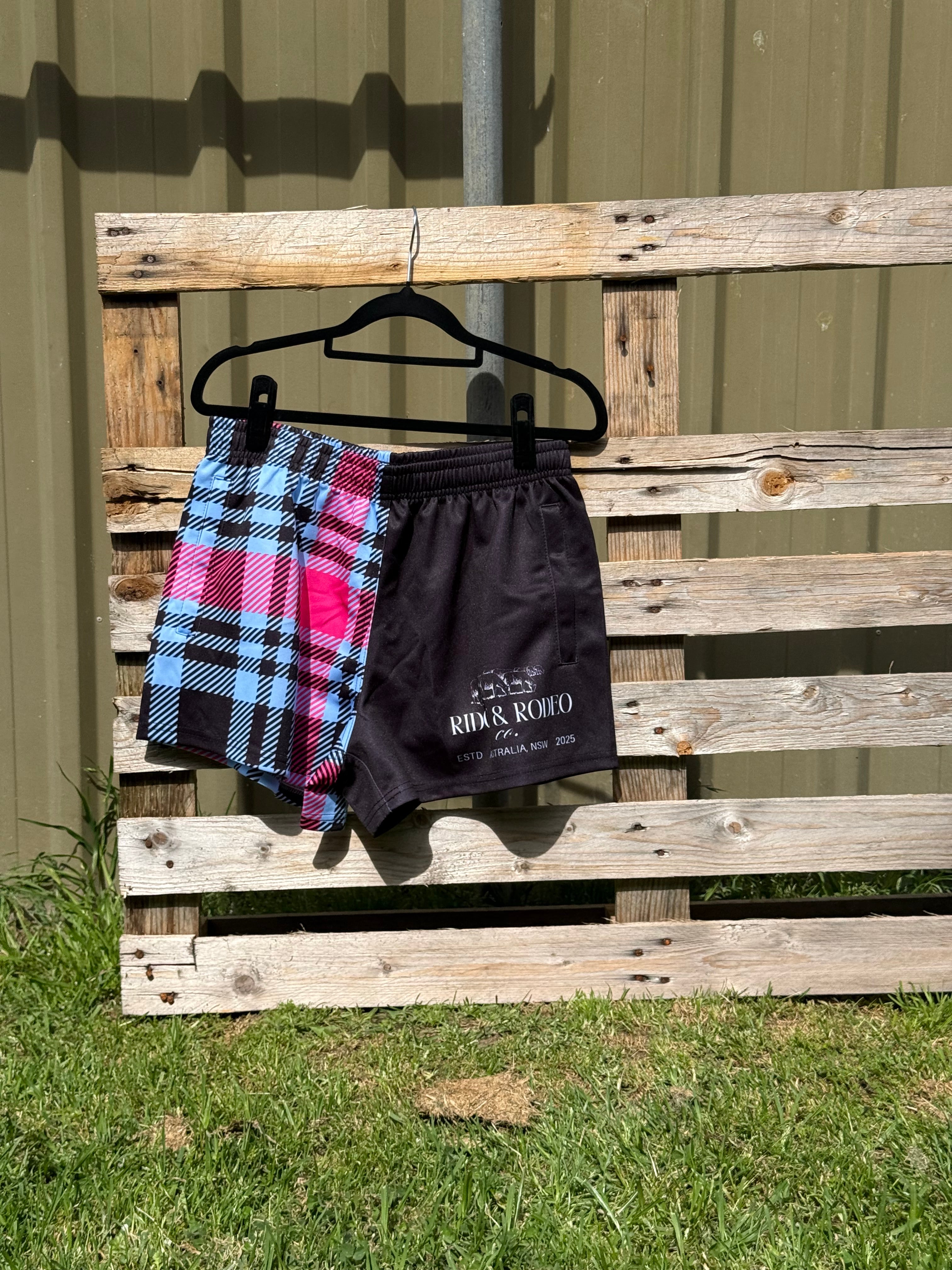 Footy Shorts/Zip Pockets - Plaid Pink & Blue