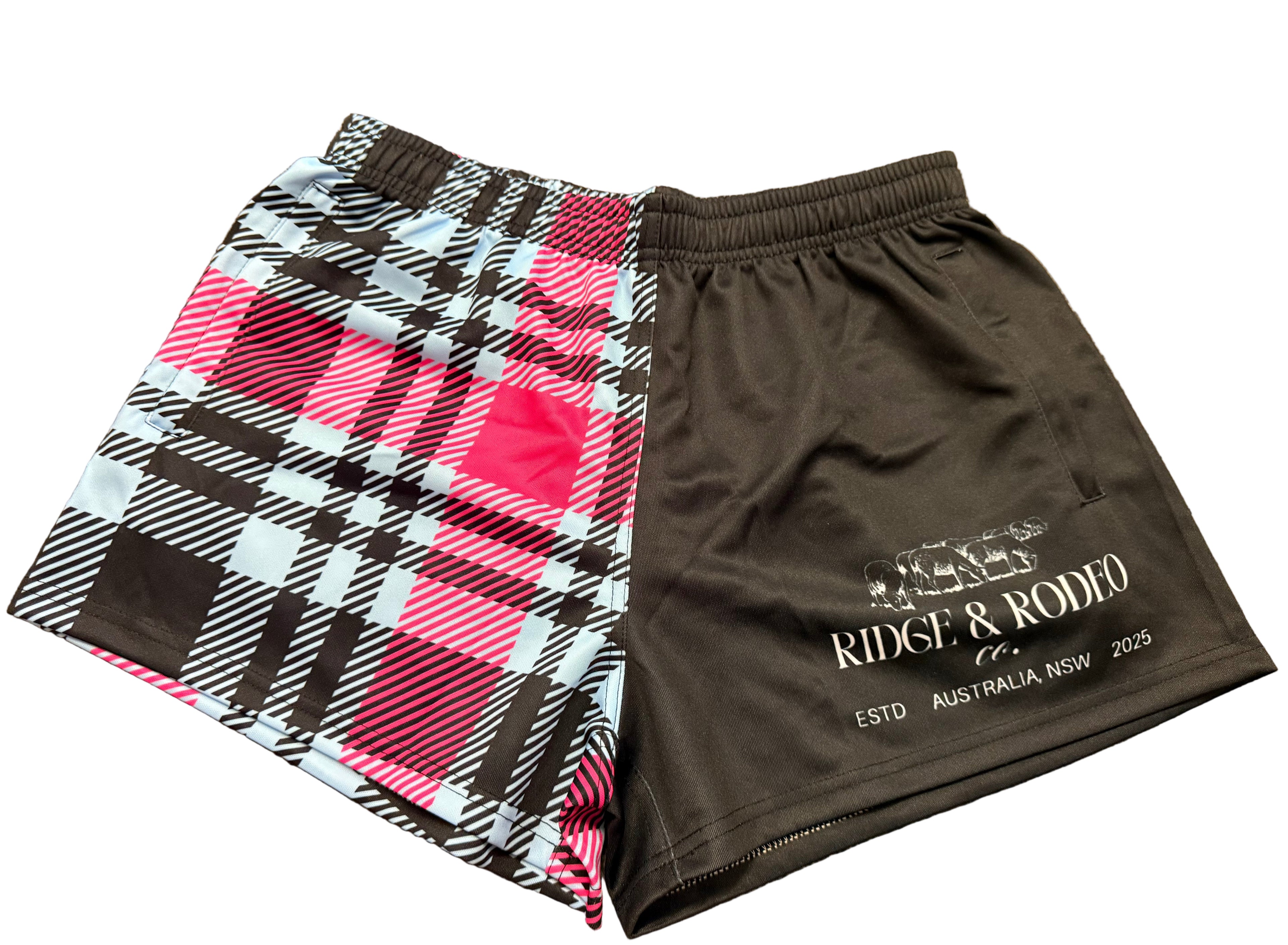 Footy Shorts/Zip Pockets - Plaid Pink & Blue